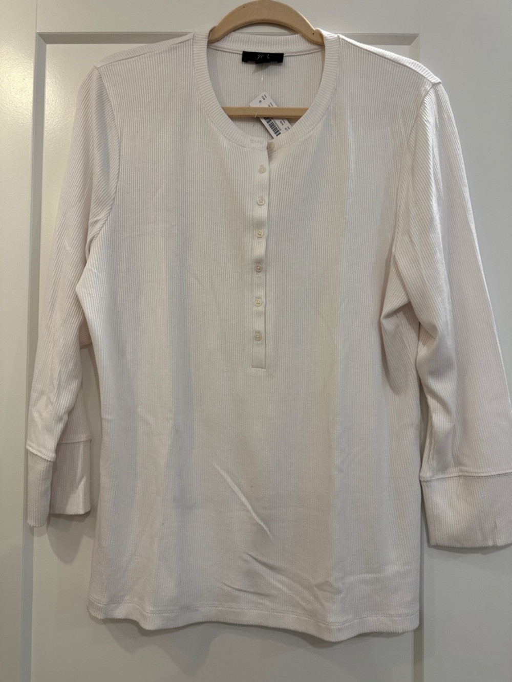 J. Crew White Ribbed Henley 3/4 Sleeve Top